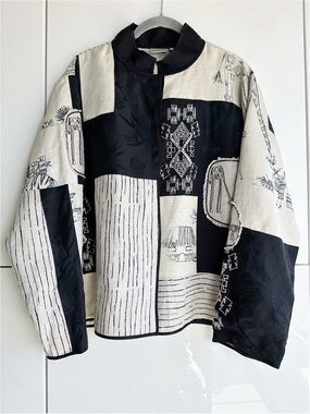 Chico's Black & White Chopstix Jacket Linen Silk African Motifs Mandarin Collar